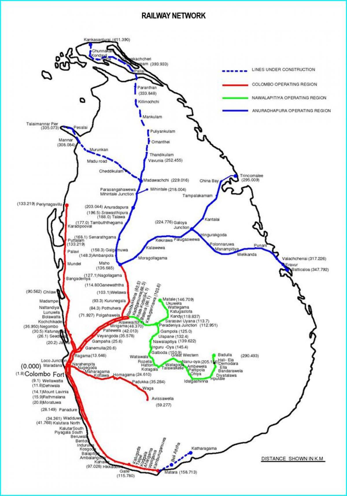 Sri Lanka jernbanenettet kart