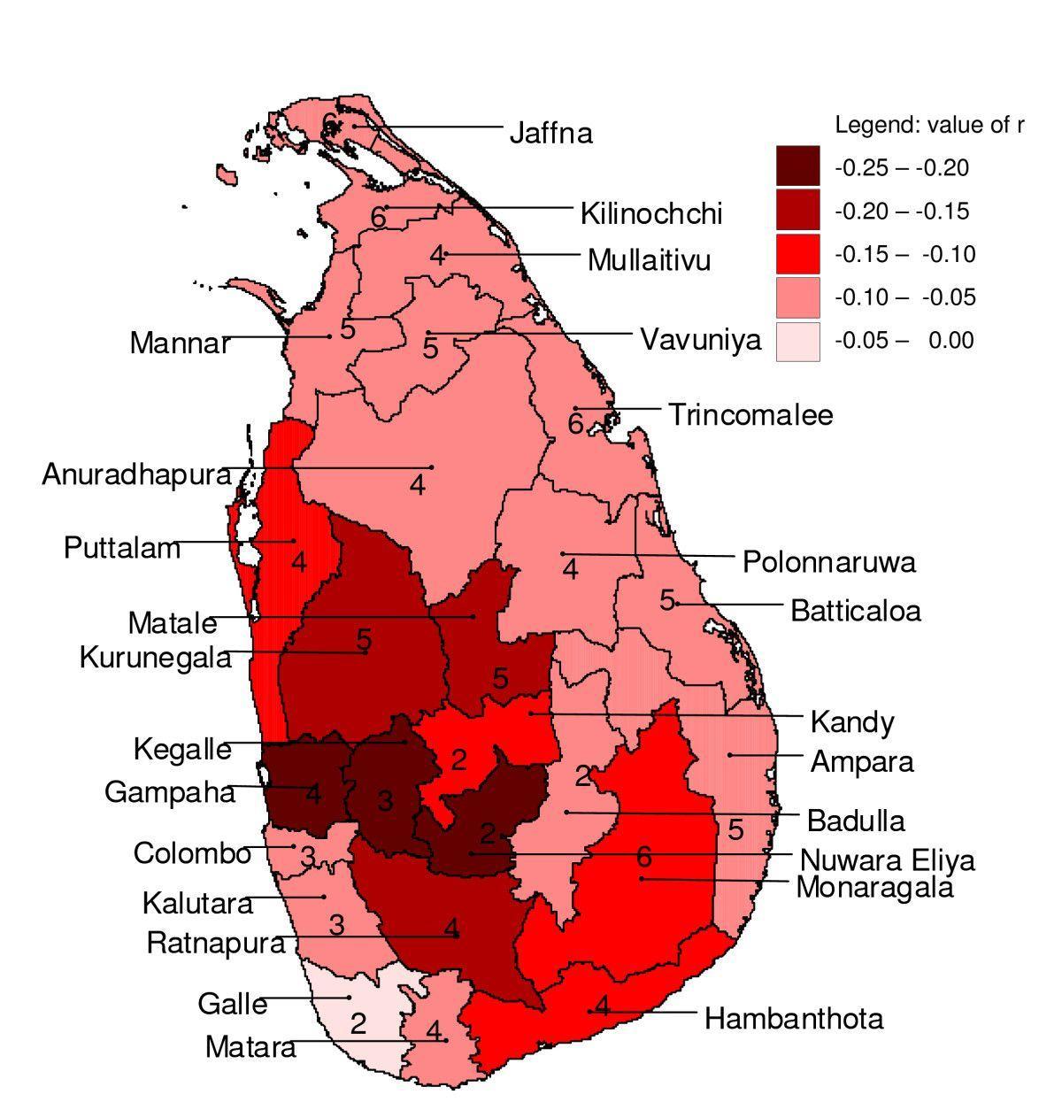 kart over Sri Lanka malaria
