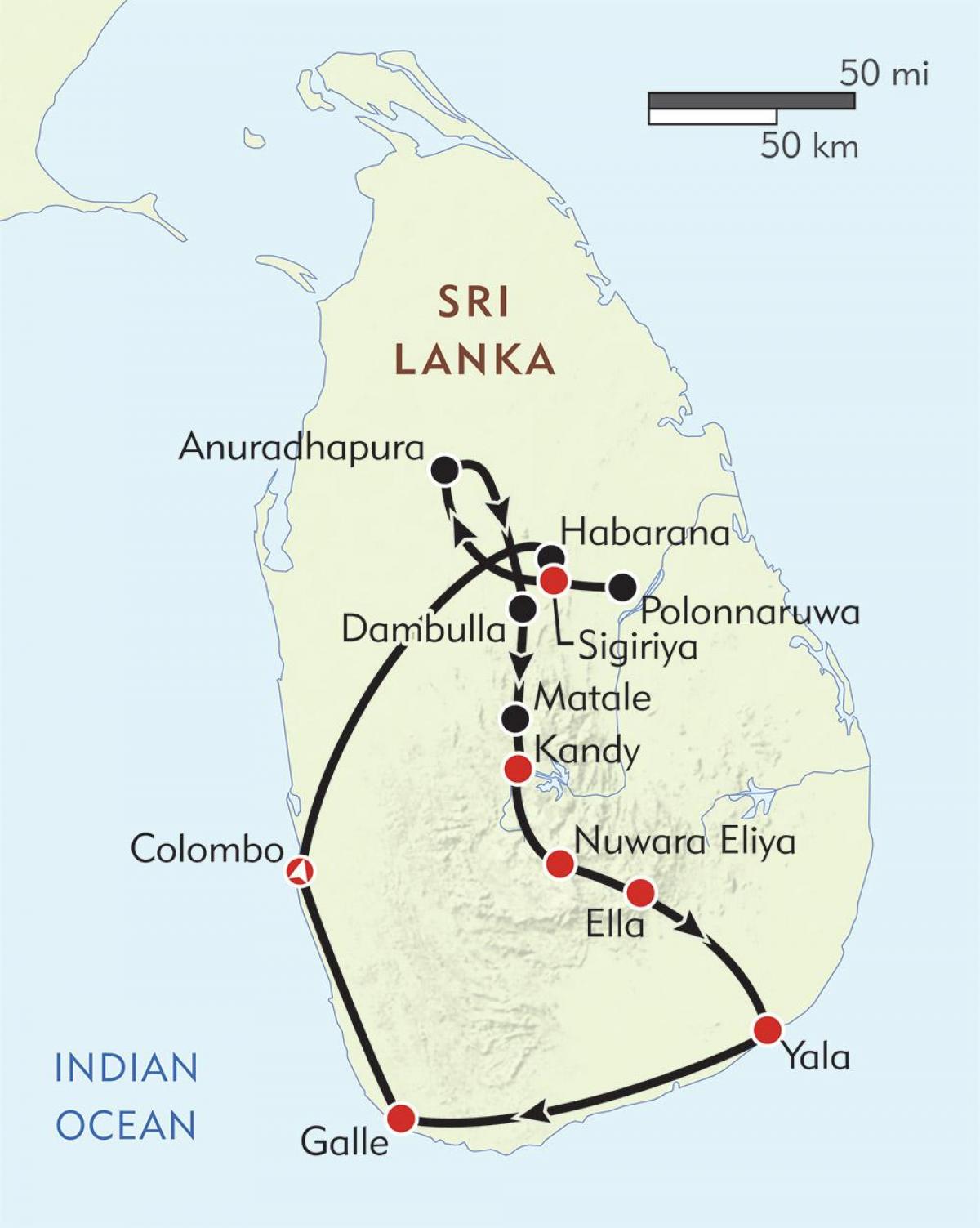 kart over Sri Lanka reiserute