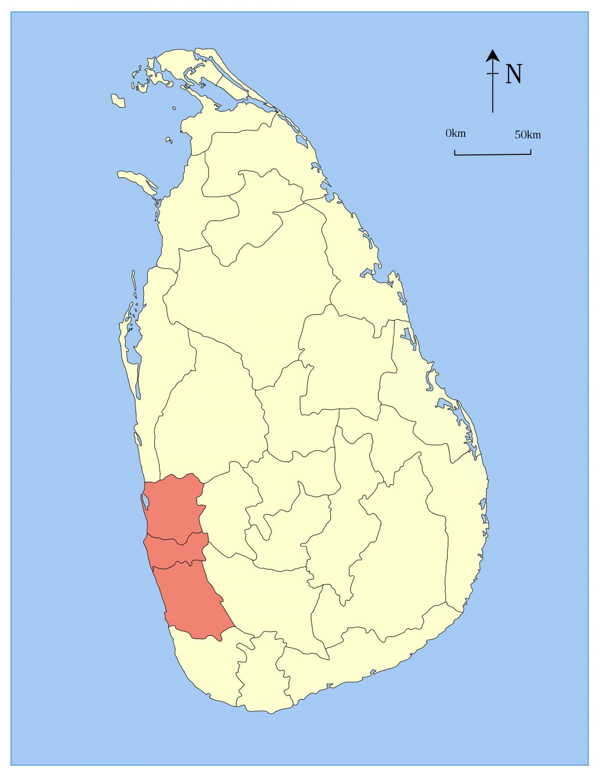 kart over Sri Lanka vestlige provinsen