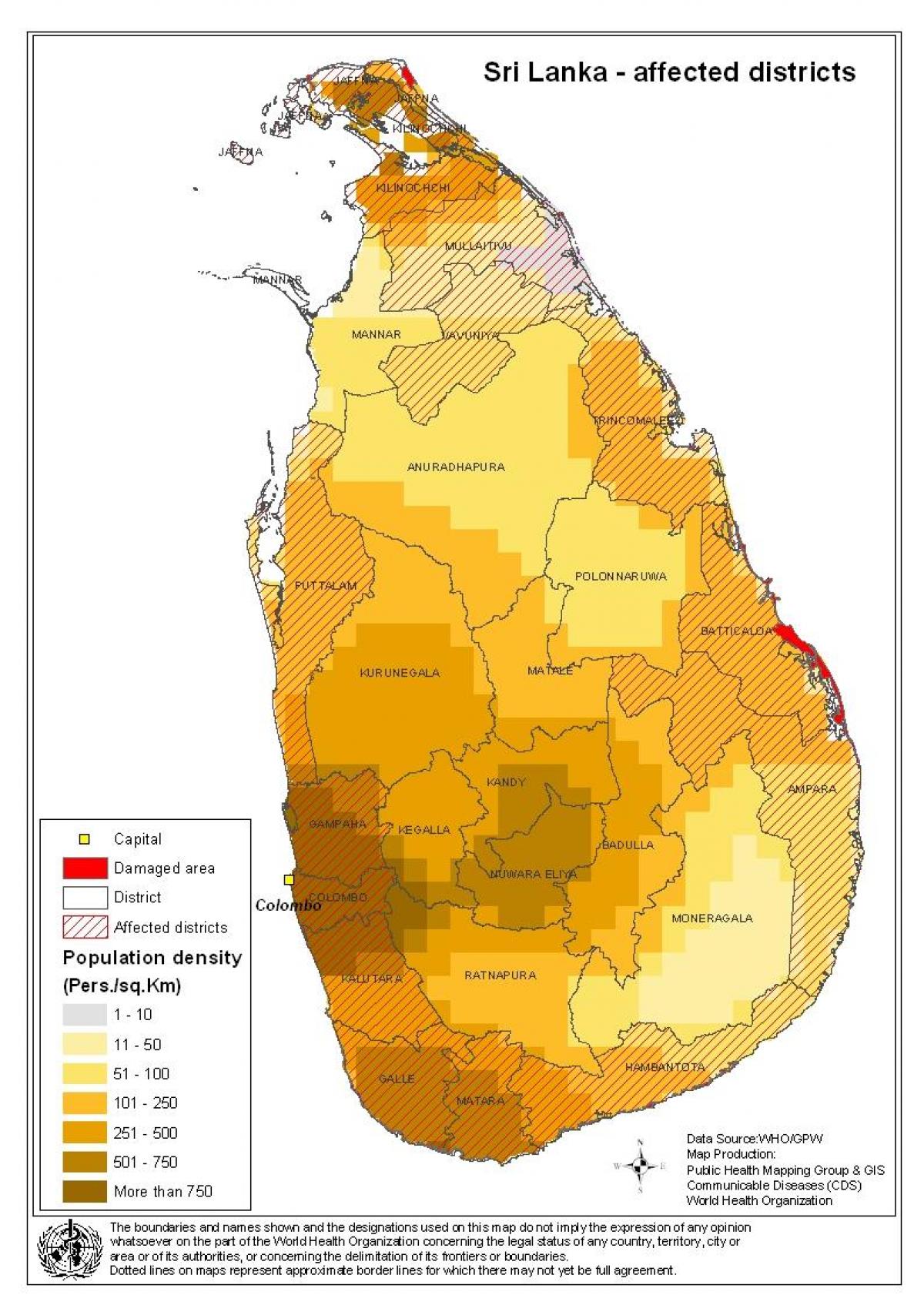 kart over Sri Lankas befolkning tetthet