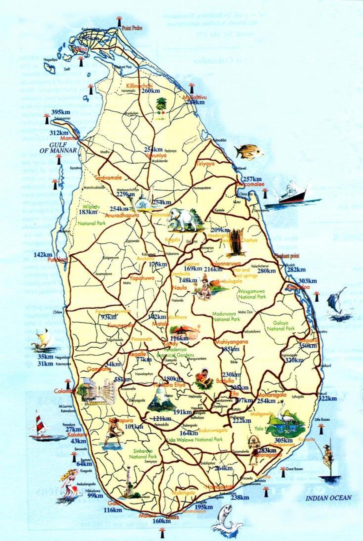 turist kart over Sri Lanka med byer