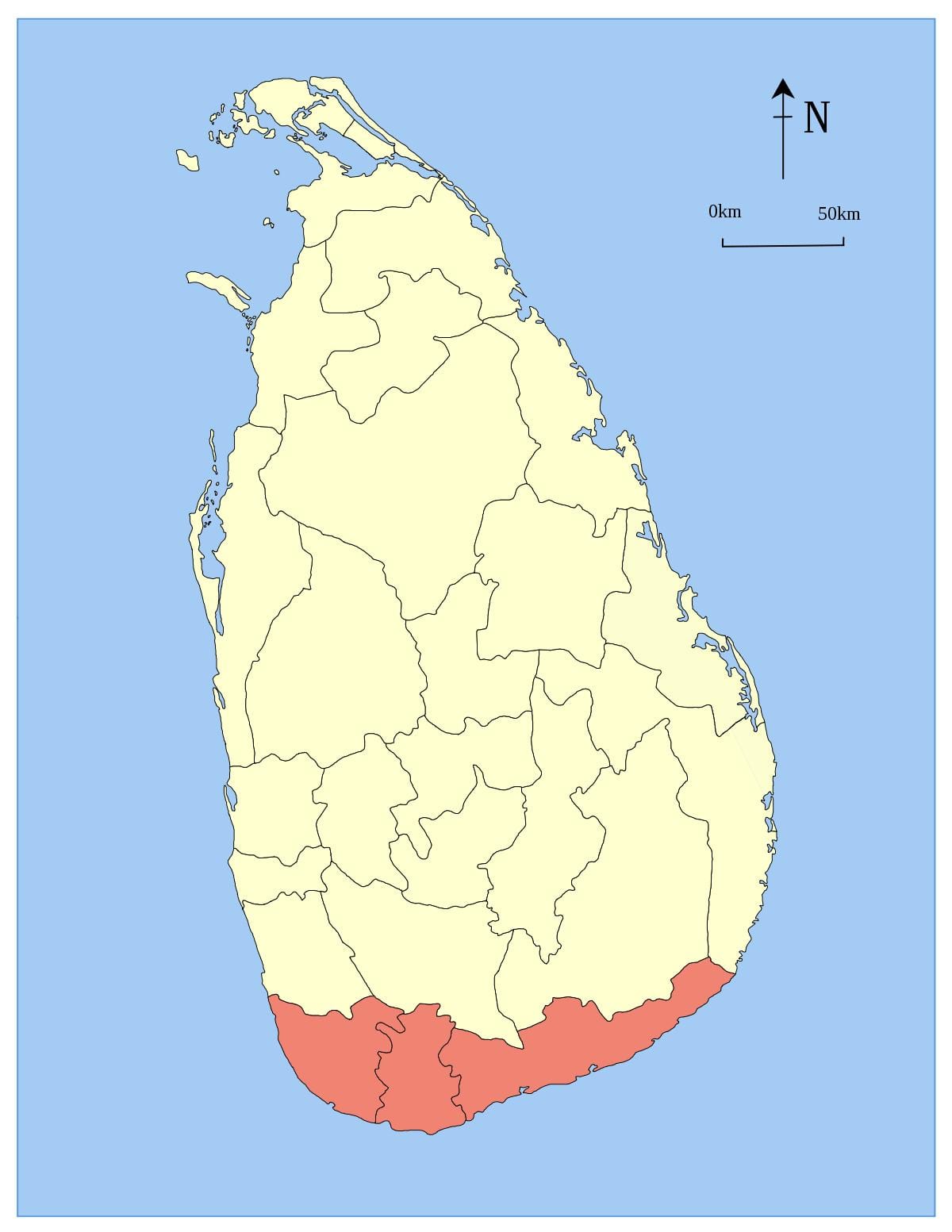 kart over sørover Sri Lanka