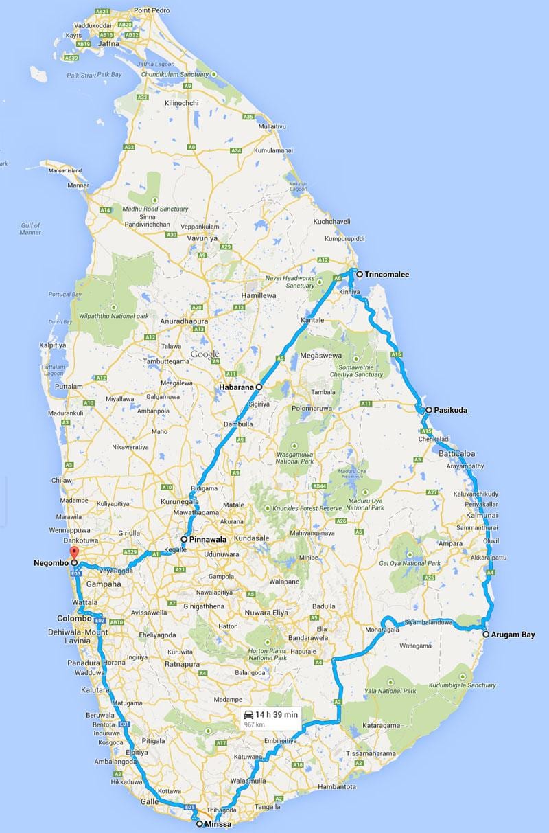 Sri Lanka beste strendene kart