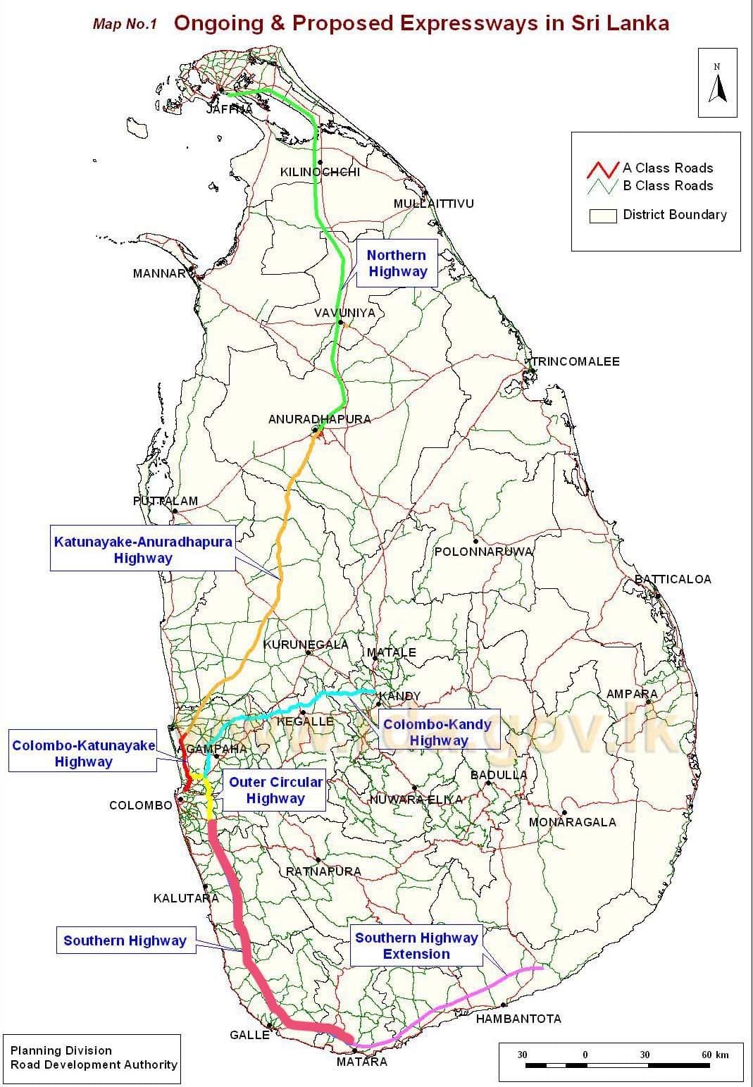 kart over Sri Lanka expressway