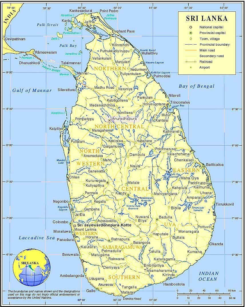kart over Sri Lanka historiske steder