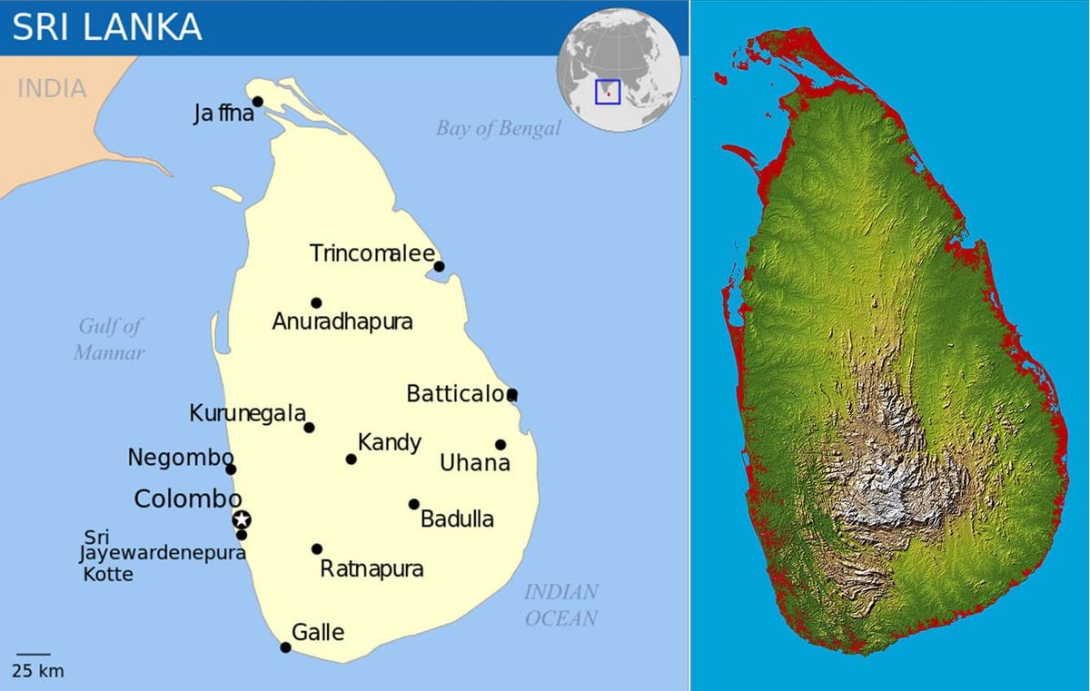kart over Sri Lanka topografiske