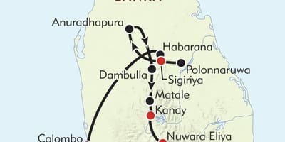 Kart over Sri Lanka reiserute